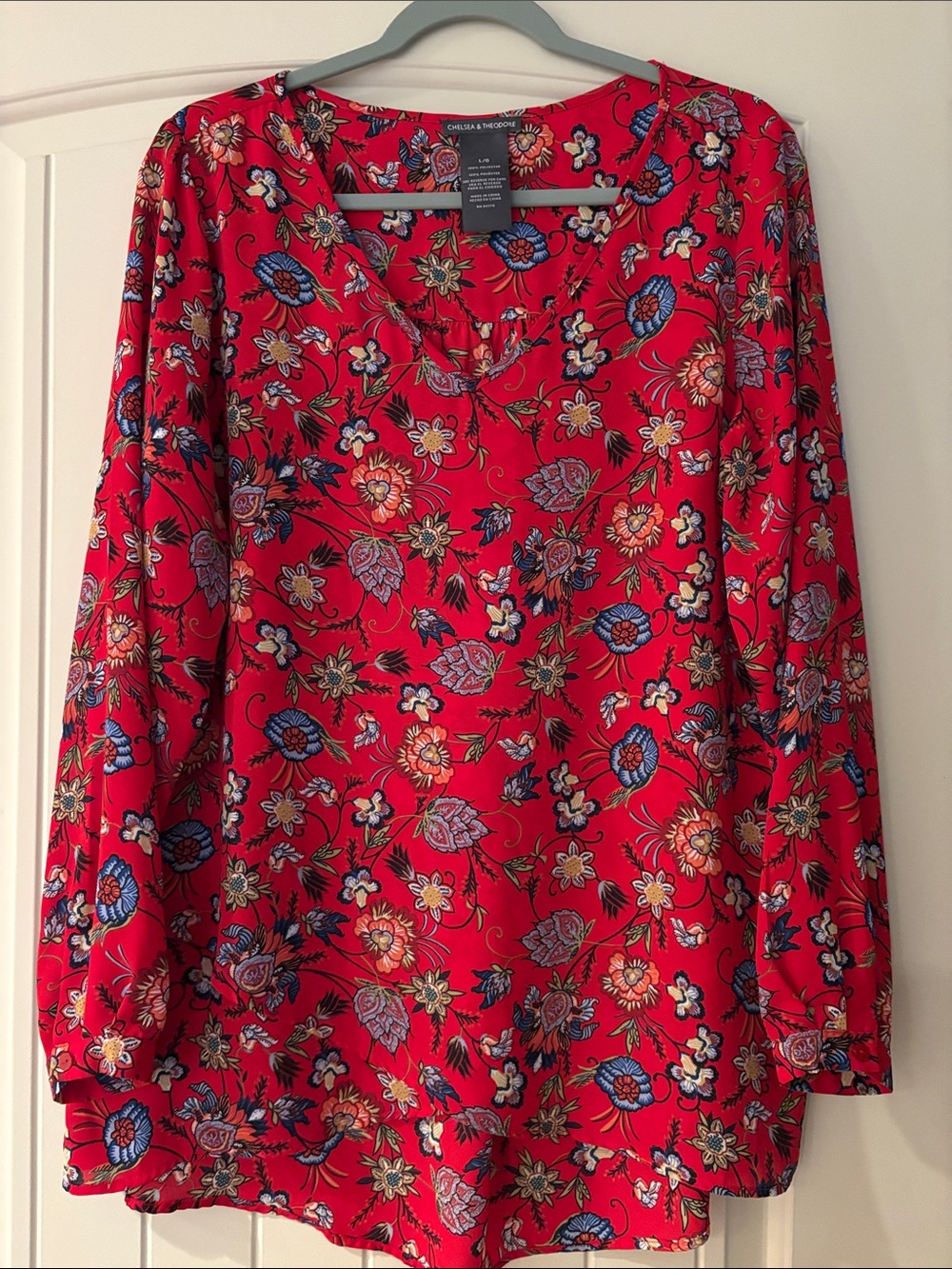 Chelsea & Theodore Bright Red Floral V-Neck Long-Sleeve Blouse